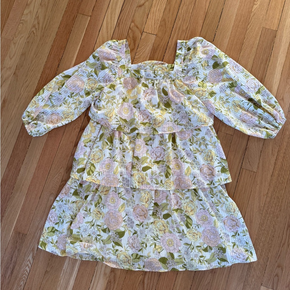 Who What Wear Pink and Yellow Floral Tiered Long Sleeve Mini Dress